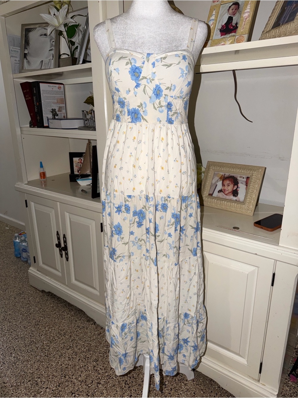 Girls' Cream Floral Maxi Dress with Blue Blossom Print
